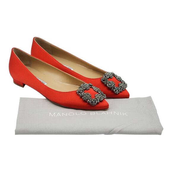 Manolo Blahnik Hangisiflat Jewel Buckle Flat Pumps - Satin - Red 35 5US $1095 - Picture 9 of 9